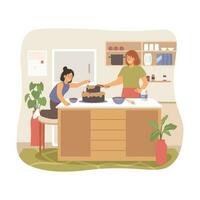 Mother and daughter cooking in the kitchen vector