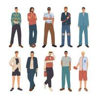 Collection of men dressed in trendy clothes isolated on white background. Men fashion outfit in flat cartoon character illustration vector