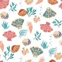 Seashells and algae seamless pattern. Hand draw underwater life background. Perfect for fabric, textile, nursery decoration, wrapping paper. Vector illustration