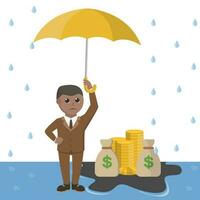 businessman african protect his wealth from rain design character on white background vector