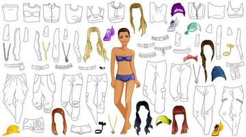 Hip Hop Theme Coloring Paper Doll with Cute Cartoon Character, Outfits, Hairstyles and Accessories. Vector Illustration