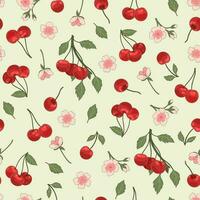 Seamless pattern with cherries and flowers. Vector graphics.