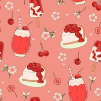 Seamless pattern with cherry desserts, flowers and berries. Vector graphics.