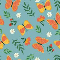 Pattern with orange butterflies and flowers. Vector graphics.