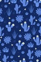 Seamless pattern with cacti in blue colors. Vector graphics.