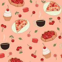 Seamless pattern with cherry desserts and coffee. Vector graphics.