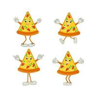 Pizza dibujos animados personaje, moderno vector modelo conjunto de mascota ilustraciones. comida objeto icono concepto aislado prima vector.