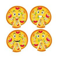 Pizza cartoon character, pizza character emotions, face, arms and legs. Funny cartoon characters. Trendy illustration in retro style. Vector kawaii line cartoon style illustration