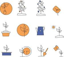 Cultivation of plants. A sprout in the ground. Agriculture and horticulture icons set. linear icons. Planted in soil, greenhouses and hydroponic systems. vector