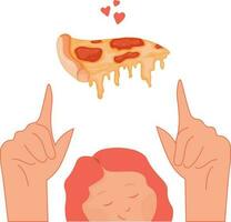 vector illustration of pizza. the girl points to a piece of pizza. pizzeria. pizza ad greeting card with pizza. paneer pizza good offer discount. a slice of pizza