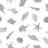 Seashells seamless pattern. One line drawing of a shell. Hand drawn marine illustrations of seashells. Summer tropical ocean beach style vector