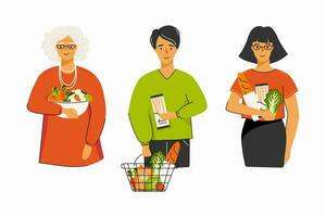 Different people holding a basket or bag of groceries. Concept of healthy eating, healthy lifestyle, meal planing. Can be used for social media banner, web page and other. Vector Illustration