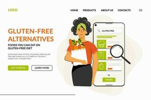 web página acerca de sin gluten dieta productos mujer en teléfono inteligente buscando productos para su sin gluten dieta. concepto de gluten gratis dieta, bienestar, comida planificación y en línea compras. vector