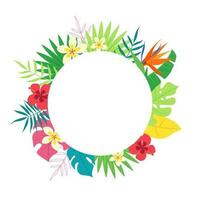 Summer frame made of tropical leaves and flowers on a white background. Colorful, bright, exotic design. Vector background.