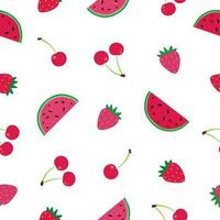 Fruit with a seamless pattern. Strawberries, cherries and watermelon. Romantic summer background for textiles, fabrics, decorative paper. Vector illustration.