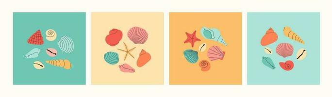 Set of various colorful seashells and starfishes. Hand drawn modern creative concept. Summer vacation collection, tropical beach shells. Vector template for banner, greeting card, poster.