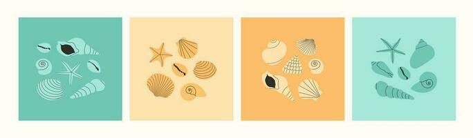 Set of various colorful seashells and starfishes. Hand drawn modern creative concept. Summer vacation collection, tropical beach shells. Vector template for banner, greeting card, poster.