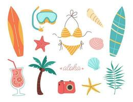 Set of summer element, beach accessories. Surfboard, palm, seashell, camera, cocktail, bikini, flamingo, swimming mask. Accessories for sea holidays. Cartoon flat vector illustration.