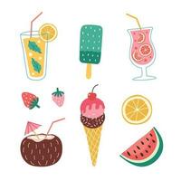 Set of cute summer elements. Ice cream, cocktails, watermelon, coconut juice, strawberry. Summer sweet food. Collection of scrapbooking stickers. vector