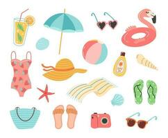 Set of summer element, beach accessories. Sunglasses, umbrella, banana, sunblock, cocktail, slippers, sun hat, swimsuit, flamingo, foto. Accessories for sea holidays. Cartoon flat vector illustration.