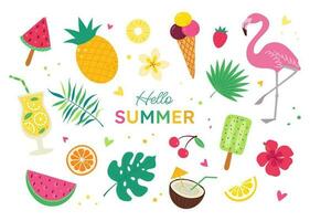 Set of cute summer elements. Icons for tropical vacations. Flamingos, ice cream and pineapple, leaves and cocktail, plumeria and coconut, hibiscus. vector