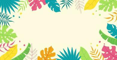 Summer abstract background and banner with exotic jungle leaves, palm leaves. Colorful, bright and fun design in the style of Hello summer. vector