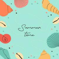 Summer modern background with hand draw colorful seashells, starfish and hand written text. Beautiful summer holidays poster. Vector templates for card, banner, invitation, social media post.