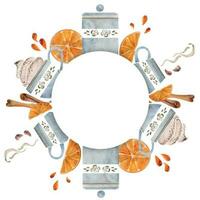 Watercolor hand drawn circle frame wreath with coffee cups, orange slices, juice drops. cinnamon spice. Isolated on white background. For invitations, cafe, restaurant food menu, print, website, cards vector