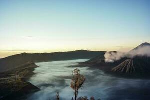 Beautiful colorful sunrise over Mount Bromo and wild island in Mount Bromo National Park photo