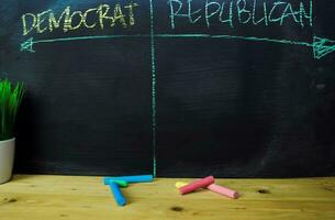 Democrat or Republican written with color chalk concept on the blackboard photo