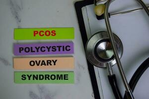 POCS - Polycystic Ovary Syndrome write on sticky notes isolated on Wooden Table. photo