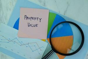 Concept of Property Value write on sticky notes isolated on Wooden Table. photo