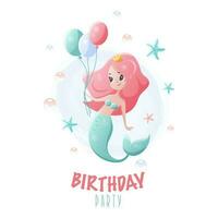 Birthday invitation card template with cute little mermaid princess, marine life cartoon character vector