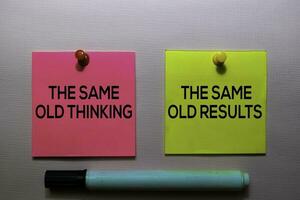 The Same Old Thinking and The Same Old Results text on sticky notes isolated on office desk photo