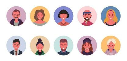 personas avatar haz colocar. usuario retratos en círculos diferente humano cara iconos masculino y hembra caracteres. sonriente hombres y mujer caracteres. plano dibujos animados estilo vector ilustración