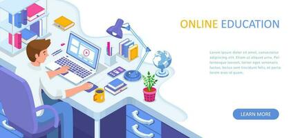 Learning online at home. Student sitting at desk and looking at laptop. E-learning banner. Web courses or tutorials concept. Distance education flat isometric vector illustration.