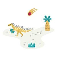 Flat hand drawn vector scene with dinosaur egg palm grass footsteps and comet