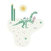 Flat hand drawn vector scene with dinosaur cactus palm and egg