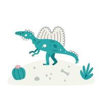 Flat hand drawn vector scene with dinosaur cactus palm and egg