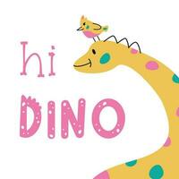 Vector hand drawn flat postcard with dinosaur and bird. Hi Dino