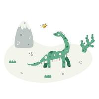 Flat hand drawn vector scene with dinosaur cactus bird grass and mountains