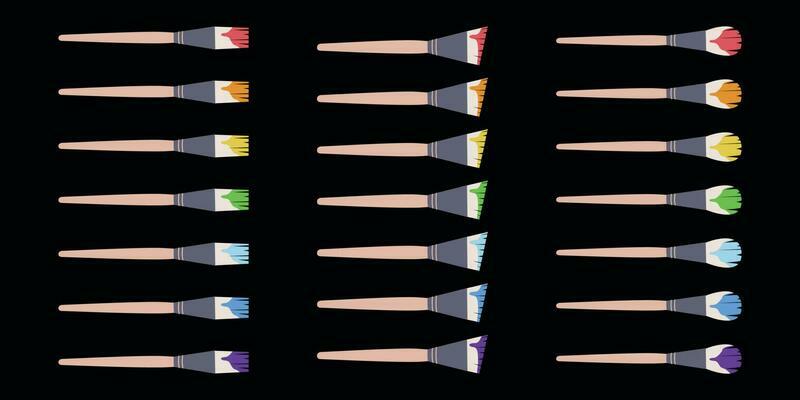 Flat vector painting tools in childish style. Hand drawn art supplies, brushes with multicolored paint