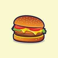 dibujos animados queso hamburguesa vector ilustración aislado en amarillo antecedentes. plano estilo rápido comida acortar Arte. restaurante comida menú firmar y símbolo. occidental, mexicano, asiático comida vector ilustración.
