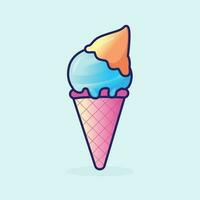 Cute cartoon Ice-cream vector illustration on blue background. Colorful flat style vector cone ice cream. Taste Summer food clip art sign and symbol. Icecream colorful logo.