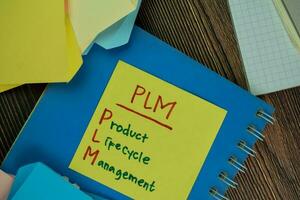 PLM - Product Lifecycle Management write on sticky notes isolated on Wooden Table. photo