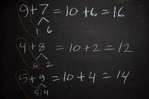 Close up math formulas written on a blackboard. Education concept photo