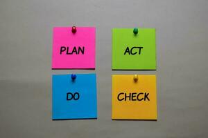 Plan, Act, Do, Check write on a sticky note isolated on office desk. photo