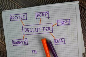 Declutter write on a book with keywords isolated on Wooden Table. Chart or mechanism concept photo
