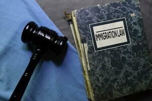 Immigration Law book and gavel isolated on office desk. Law concept photo