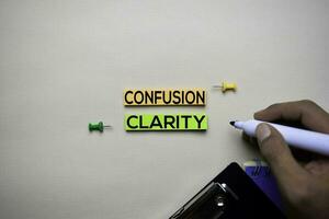 Confusion or Clarity text on sticky notes with office desk concept photo